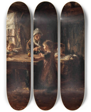 Triptych art skateboard deck of Bernardus Johannes Blommers Eating Apples by Bernardus Johannes Blommers (1845-1915)