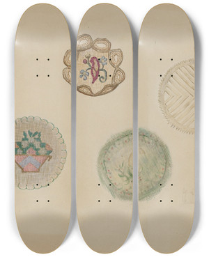 Triptych art skateboard deck of Charles Bowman Love Tokens by Charles Bowman