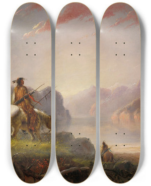 Triptych art skateboard deck of Alfred Jacob Miller Sunset Wind River by Alfred Jacob Miller (1810-1874)