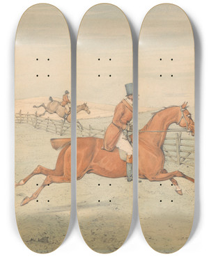 Triptych art skateboard deck of Henry Thomas Alken Going At A Rank Of Hurdles With Temper And Resolution by Henry Thomas Alken (1785-1851)