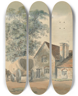 Triptych art skateboard deck of Samuel Howitt Horses And Wagon Outside A Cottage by Samuel Howitt (1756-1822)