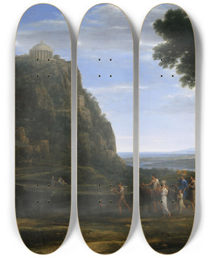 Triptych art skateboard deck of Claude Lorrain View Of Delphi With A Procession by Claude Lorrain (1604-1682)