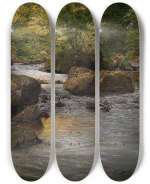 Triptych art skateboard deck of Johann Wilhelm Schirmer Bergbach Mit Sitzendem Maler by Johann Wilhelm Schirmer (1807-1863)