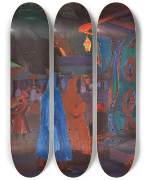 Triptych art skateboard deck of Nikolai Mikhailovich Grigoriev Tashkent At Night by Nikolai Mikhailovich Grigoriev (1880-1943)