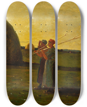 Triptych art skateboard deck of Winslow Homer Haymakers by Winslow Homer (1836-1910)