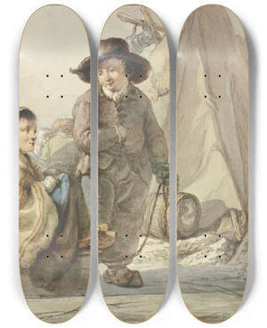 Triptych art skateboard deck of Jacob Van Strij Mdchen Auf Einem Schlitten Daneben Ein Junge In Einem Lager by Jacob Van Strij (1756-1815)
