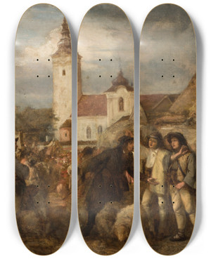 Triptych art skateboard deck of Aleksander Kotsis Fair In Nowy Targ by Aleksander Kotsis (1836-1877)