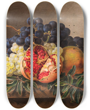 Triptych art skateboard deck of Johan Laurentz Jensen Pomegranates And Green And Blue Grapes On A Marble Frame by Johan Laurentz Jensen 2 (1800-1856)
