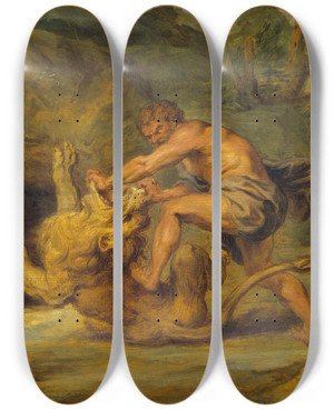 Triptych art skateboard deck of Follower Of Peter Paul Rubens Samson And The Lion Study by Follower Of Peter Paul Rubens (1577-1640)