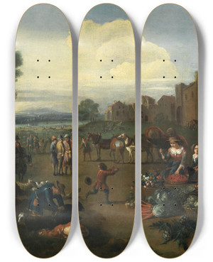 Triptych art skateboard deck of Peter Tillemans A Market Scene With A River Landscape Beyond by Peter Tillemans (1684-1734)