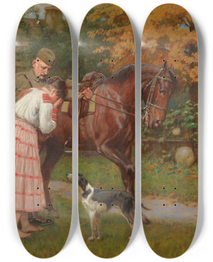 Triptych art skateboard deck of Antoni Piotrowski Die Abreise by Antoni Piotrowski (1853-1924)