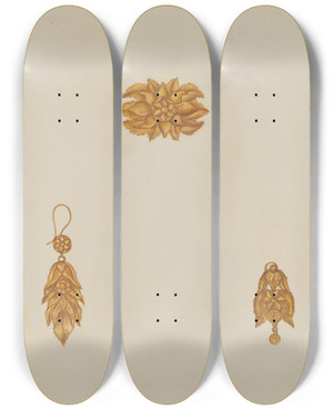 Triptych art skateboard deck of Vera Van Voris Brooch And Earrings by Vera Van Voris