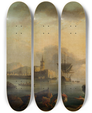 Triptych art skateboard deck of Claudejoseph Vernet Naples by Claude Joseph Vernet (1714-1789)
