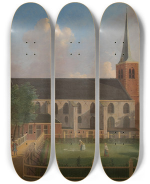 Triptych art skateboard deck of Jan Ten Compe Het Begijnhof Met De Engelse Kerk by Jan Ten Compe (1713-1761)