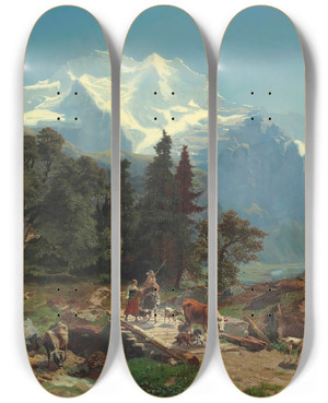 Triptych art skateboard deck of Carl Schweich Drovers On A Bridge In An Alpine Landscape by Carl Schweich (1823-1898)