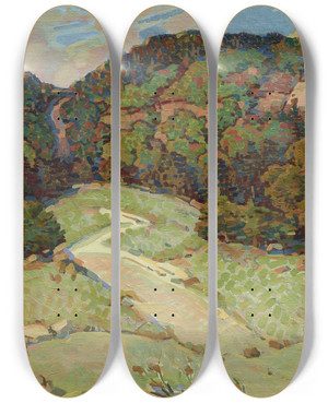 Triptych art skateboard deck of Edward G Eisenlohr Abandoned Trail by Edward G Eisenlohr (1872-1961)