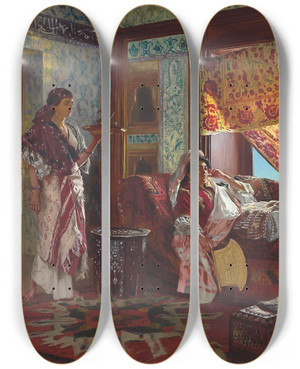 Triptych art skateboard deck of Rudolf Ernst Taking Tea In The Harem by Rudolf Ernst (1854-1932)