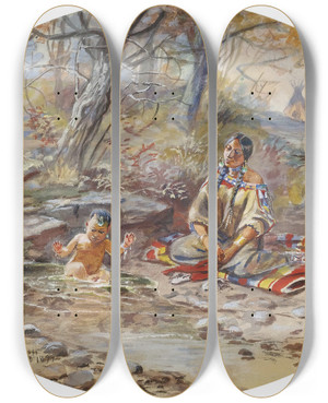 Triptych art skateboard deck of Charles Marion Russell The Bath by Charles Marion Russell (1864-1926)
