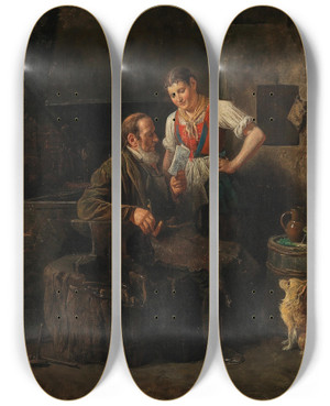 Triptych art skateboard deck of Friedrich Friedlnder In The Smithy by Friedrich Friedlander (1825-1901)