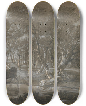 Triptych art skateboard deck of Thomas Gainsborough A Moonlit Landscape With Cattle By A Pool by Thomas Gainsborough (1727-1788)
