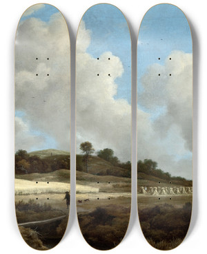 Triptych art skateboard deck of Jacob Van Ruisdael View Of Grainfields With A Distant Town by Jacob Van Ruisdael (1628-1682)