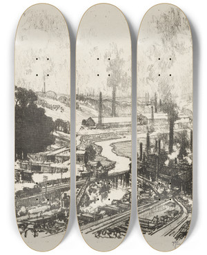 Triptych art skateboard deck of Joseph Pennell Munition Works by Joseph Pennell (1857-1926)