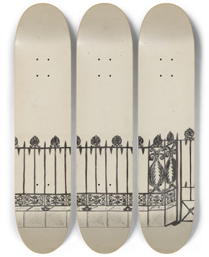 Triptych art skateboard deck of David P Willoughby Wrought Iron Fence by David P Willoughby