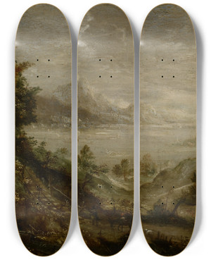 Triptych art skateboard deck of Matthus Merian The Elder Landscape With Lake by Matthus Merian the elder (1593-1650)