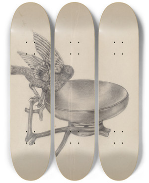Triptych art skateboard deck of Florence Stevenson Card Tray by Florence Stevenson