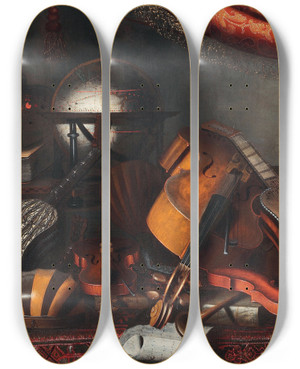 Triptych art skateboard deck of Bartolomeo Bettera Still Life With Musical Instruments Books And Playing Cards by Bartolomeo Bettera (1639-1688)
