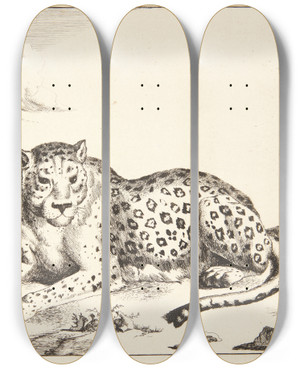 Triptych art skateboard deck of Marcus De Bye Liggende Leopard Vendt Mod Venstre by Marcus de Bye (1638-1688)