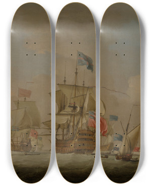 Triptych art skateboard deck of Peter Monamy Menofwar And A Sloop by Peter Monamy (1681-1749)