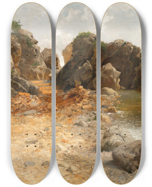 Triptych art skateboard deck of Adolf Kaufmann A Rocky Coast Near Lovrano by Adolf Kaufmann (1848-1916)