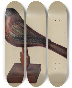 Triptych art skateboard deck of Mina Lowry Pa German Robin Figurine by Mina Lowry (1894-1942)