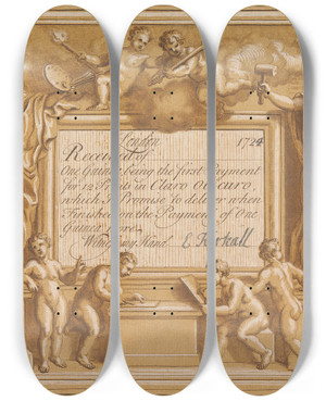 Triptych art skateboard deck of Elisha Kirkall Receipt Ticket by Elisha Kirkall (1682-1742)