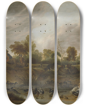 Triptych art skateboard deck of Cornelis Saftleven Landscape With Animals by Cornelis Saftleven (1607-1681)