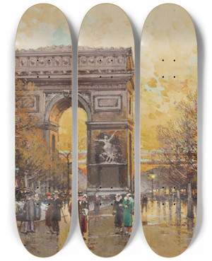 Triptych art skateboard deck of Eugne Galienlaloue Arc De Triomphe In The Fall by Eugene Galien Laloue (1854-1941)