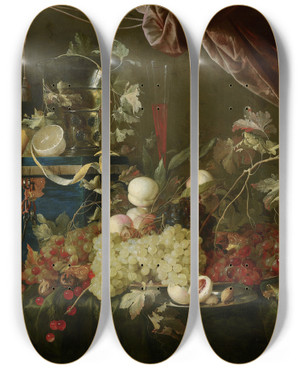Triptych art skateboard deck of Jan Davidsz De Heem Sumptuous Fruit Still Life With Jewellery Box by Jan Davidsz de Heem (1606-1684)