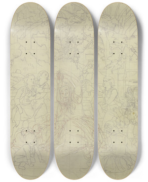 Triptych art skateboard deck of Jakob Becker Grape Harvest_1 by Jakob Becker (1810-1872)