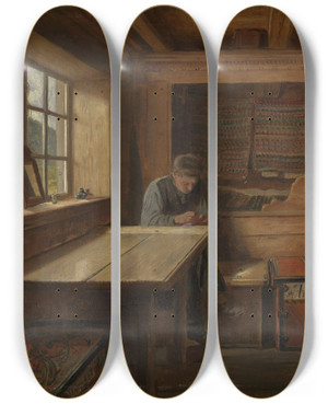 Triptych art skateboard deck of Adolph Tidemand Old Storeroom In Viky by Adolph Tidemand (1814-1876)