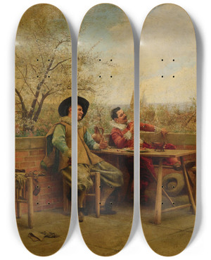 Triptych art skateboard deck of Jean Charles Meissonier Springtime On The Terrace by Jean Charles Meissonier (1848-1917)