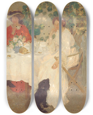 Triptych art skateboard deck of E Phillips Fox Al Fresco by E Phillips Fox (1865-1915)