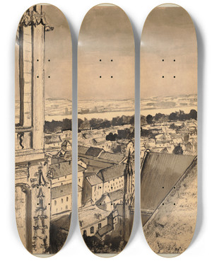Triptych art skateboard deck of Hermann Lismann Blick Von Der Kathedrale In Tours by Hermann Lismann (1878-1943)