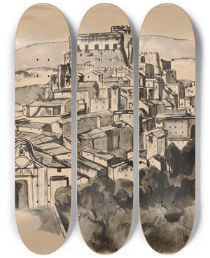 Triptych art skateboard deck of Hermann Lismann Soriano Nel Cimino by Hermann Lismann (1878-1943)