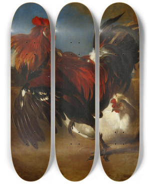 Triptych art skateboard deck of Melchior Dhondecoeter Poultryyard With Angered Cock by Melchior d'Hondecoeter (1636-1695)