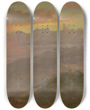 Triptych art skateboard deck of Frederic Edwin Church Sunset And Mountains by Frederic Edwin Church (1826-1900)