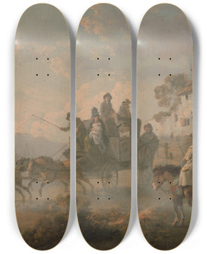 Triptych art skateboard deck of Julius Caesar Ibbetson A Stage Coach On A Country Road by Julius Caesar Ibbetson (1759-1817)