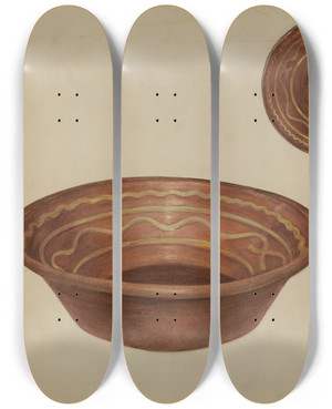 Triptych art skateboard deck of Mina Lowry Pa German Pie Plate by Mina Lowry (1894-1942)