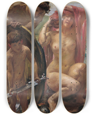 Triptych art skateboard deck of Lovis Corinth The Weapons Of Mars by Lovis Corinth (1858-1925)