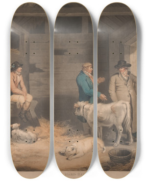 Triptych art skateboard deck of George Morland The Hard Bargain by George Morland (1763-1804)